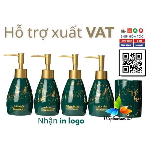 Bình gốm sứ đựng dầu gội, sữa tắm, nước rửa tay, cốc đánh răng xanh xoài vàng kim cho khách sạn,resort, homestay, villa