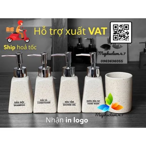 [Hỏa tốc] Bình gốm sứ đựng dầu gội, sữa tắm, nước rửa tay, cốc đánh răng cho khách sạn, resort, homestay