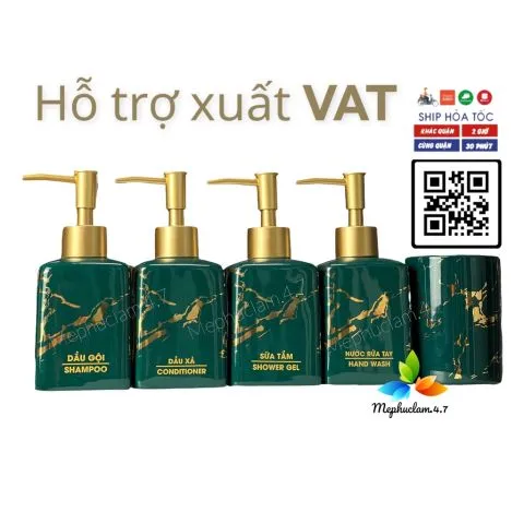 Bình gốm sứ đựng dầu gội, sữa tắm, nước rửa tay, cốc đánh răng xanh vuông vàng kim cho khách sạn,resort, homestay, villa