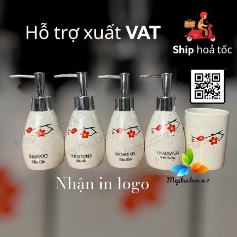 [Hỏa tốc] Bình gốm sứ đựng dầu gội, sữa tắm, nước rửa tay, cốc đánh răng dáng xoài hoa đào cho khách sạn, resort, homest