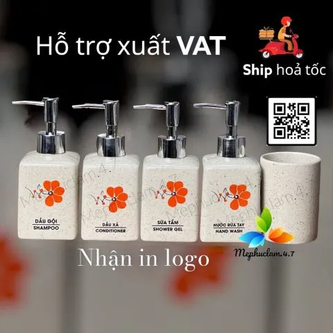 [Hỏa tốc] Bình gốm sứ đựng dầu gội, sữa tắm, nước rửa tay, cốc đánh răng vẽ tay hoa cam cho khách sạn, resort, homest