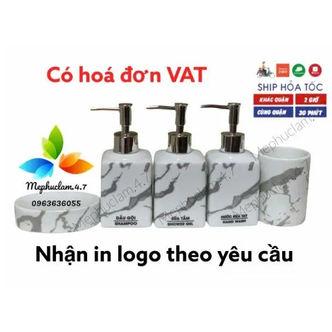 [Hoả tốc] Bình sứ đựng dầu gội, sữa tắm, dầu xả, nước rửa tay,..gốm sứ Bát Tràng màu trắng vân đá cao cấp