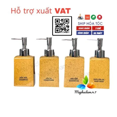 Bình gốm sứ đựng dầu gội, sữa tắm, nước rửa tay, cốc đánh răng men vàng dáng chữ nhật cho khách sạn,resort, homestay,..