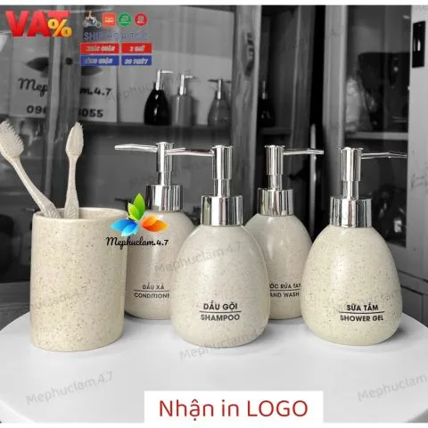 HỎA TỐC- Bình gốm dáng quả lê vân cát trơn 260m đựng dầu gội, sữa tắm, dầu xả, nước rửa tay, cốc đánh răng cho phòng tắm