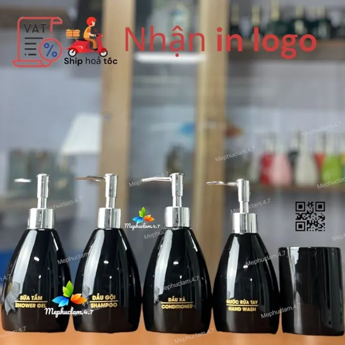 [Hỏa tốc] Bình gốm sứ đen bóng 300ml đựng dầu gội, sữa tắm, nước rửa tay cho khách sạn, resort, homestay, villa,...