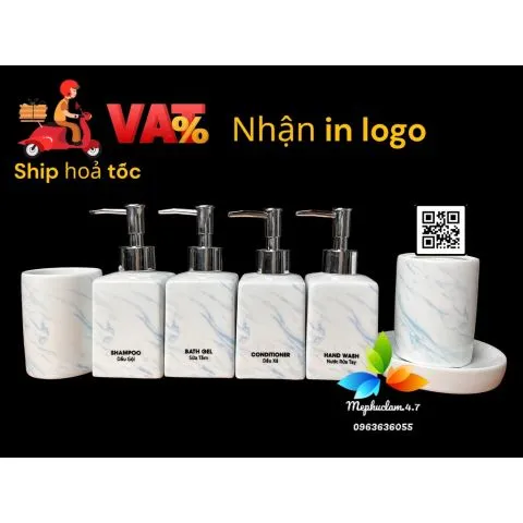 [Hỏa tốc] Bình gốm sứ vuông vân đá đựng dầu gội, sữa tắm, nước rửa tay, cốc đánh răng cho khách sạn, resort, homestay