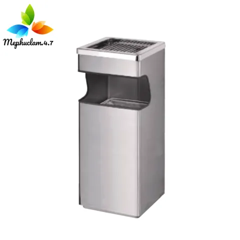 Thùng rác inox vuông có gạt tàn thuốc lá