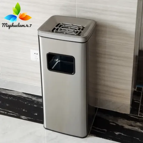 Thùng rác inox vuông có gạt tàn thuốc lá cao cấp